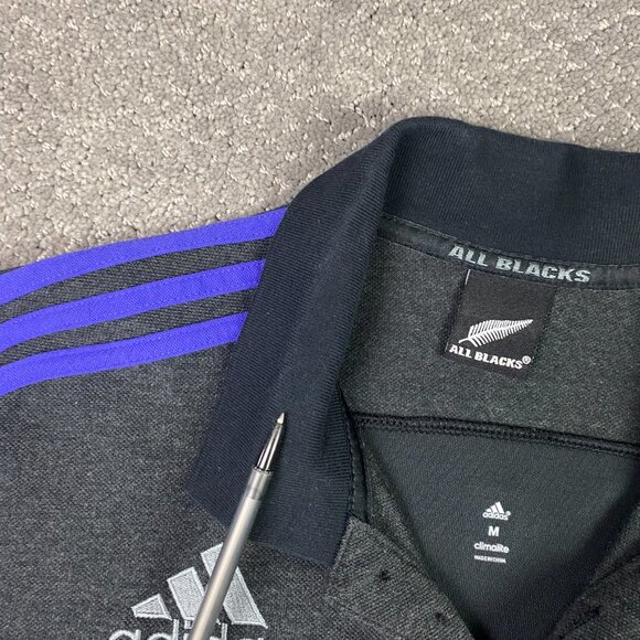Adidas New Zealand All Blacks Rugby Polo Shirt Men's Medium Black Gray Blue - Picture 4 of 11